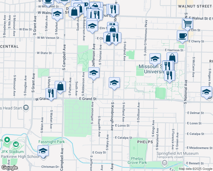 map of restaurants, bars, coffee shops, grocery stores, and more near 856 South Roanoke Avenue in Springfield