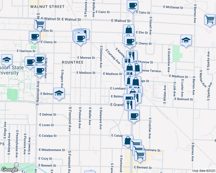 map of restaurants, bars, coffee shops, grocery stores, and more near 1629 East Lombard Street in Springfield