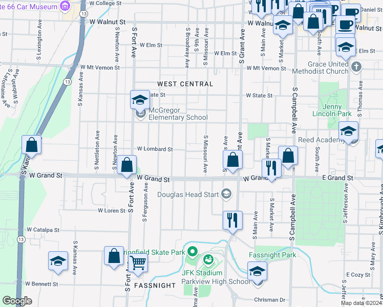 map of restaurants, bars, coffee shops, grocery stores, and more near 930 West Lombard Street in Springfield