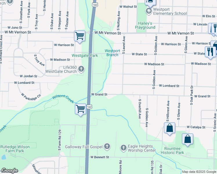 map of restaurants, bars, coffee shops, grocery stores, and more near 3350 West Lombard Street in Springfield