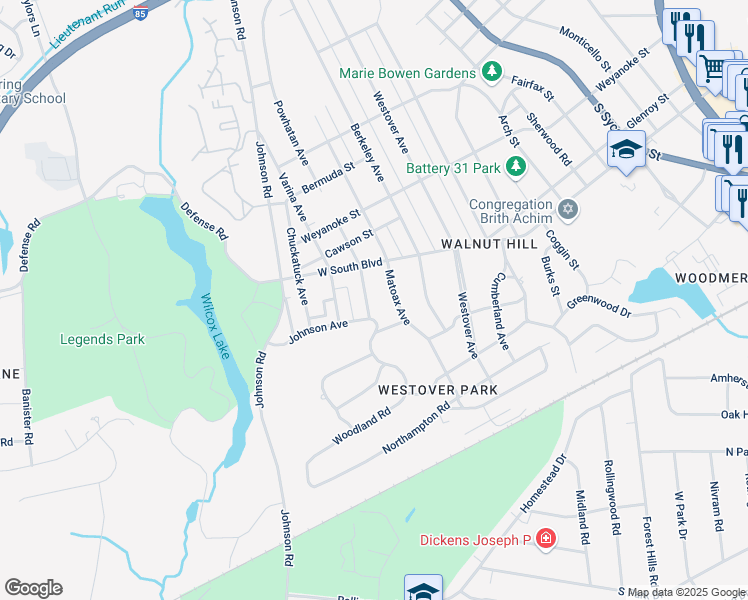 map of restaurants, bars, coffee shops, grocery stores, and more near 1917 Powhatan Avenue in Petersburg