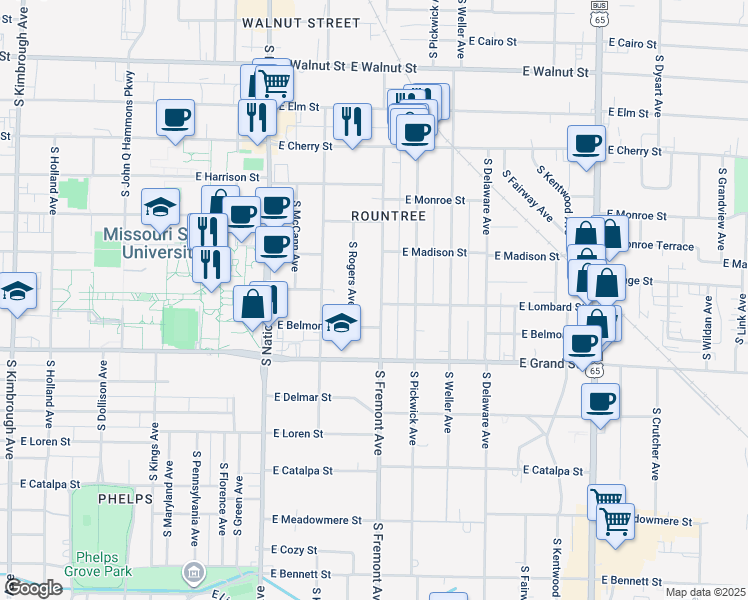 map of restaurants, bars, coffee shops, grocery stores, and more near 857 South Fremont Avenue in Springfield