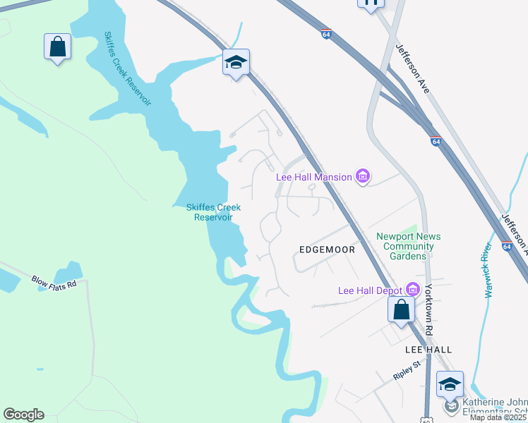 map of restaurants, bars, coffee shops, grocery stores, and more near 146 Creekshire Crescent in Newport News