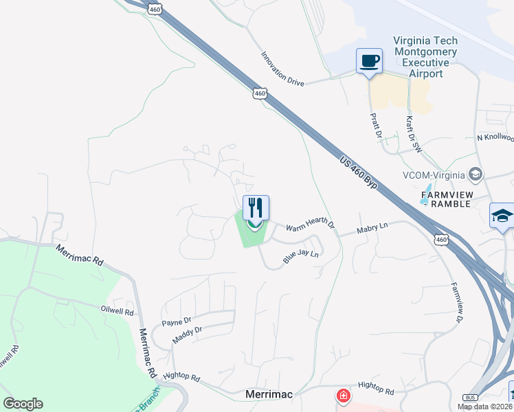 map of restaurants, bars, coffee shops, grocery stores, and more near 1143 Oakland Square in Blacksburg