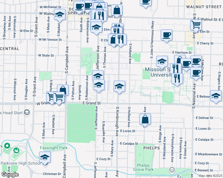 map of restaurants, bars, coffee shops, grocery stores, and more near 856 South Roanoke Avenue in Springfield