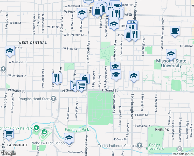 map of restaurants, bars, coffee shops, grocery stores, and more near 857 South Avenue in Springfield