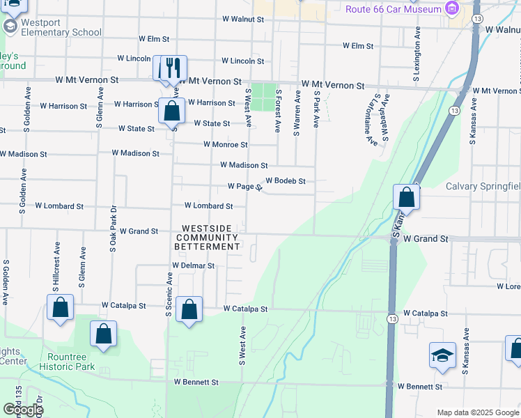 map of restaurants, bars, coffee shops, grocery stores, and more near 910 South West Avenue in Springfield