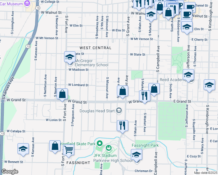 map of restaurants, bars, coffee shops, grocery stores, and more near 900 South Missouri Avenue in Springfield
