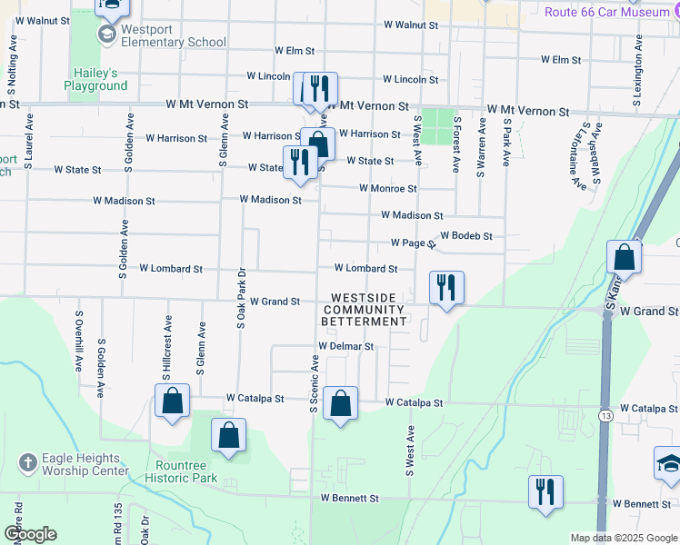 map of restaurants, bars, coffee shops, grocery stores, and more near 2632 West Lombard Street in Springfield