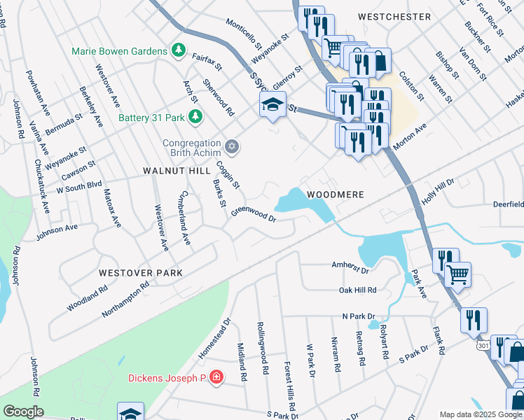 map of restaurants, bars, coffee shops, grocery stores, and more near 337 Greenwood Drive in Petersburg