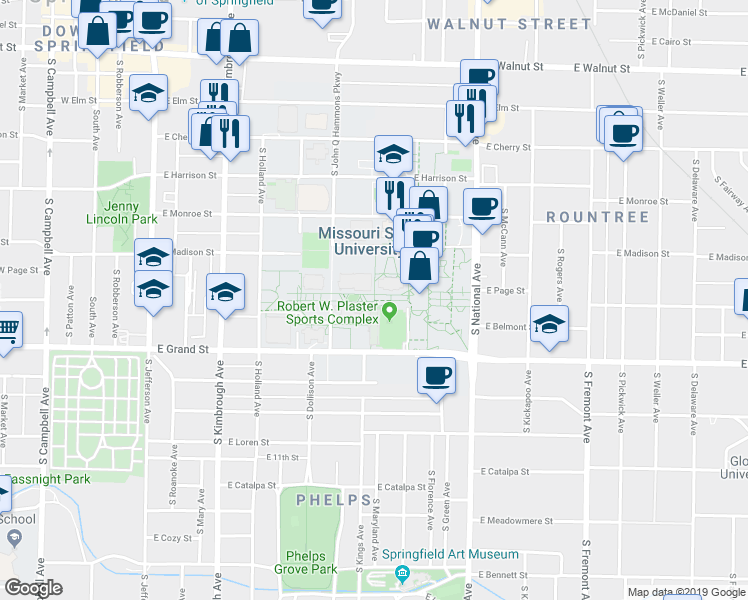 map of restaurants, bars, coffee shops, grocery stores, and more near 908 South Kings Avenue in Springfield