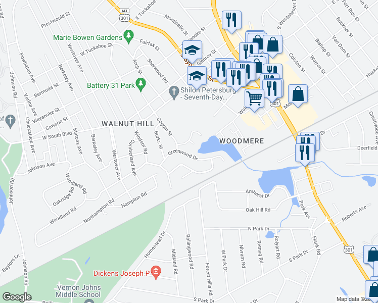 map of restaurants, bars, coffee shops, grocery stores, and more near 337 Greenwood Drive in Petersburg