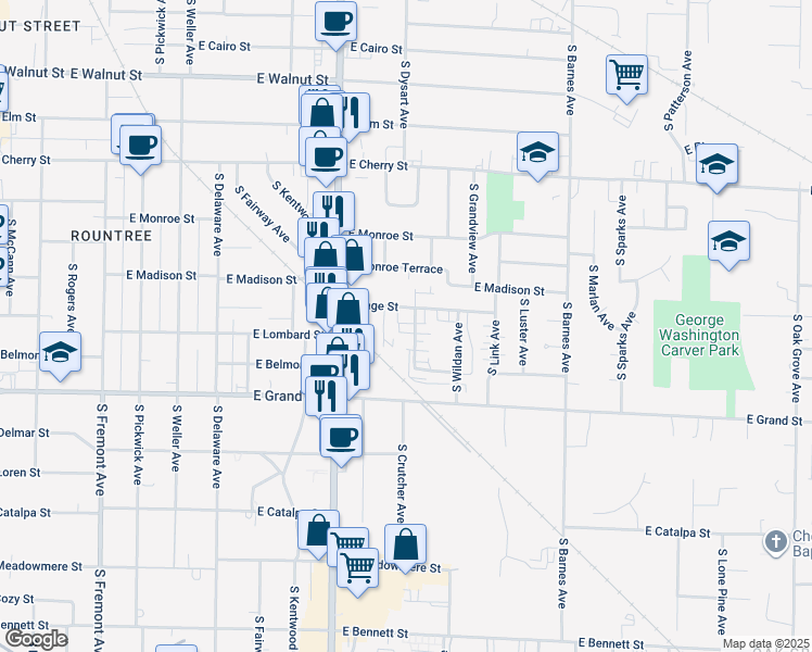map of restaurants, bars, coffee shops, grocery stores, and more near 843 South Crutcher Avenue in Springfield