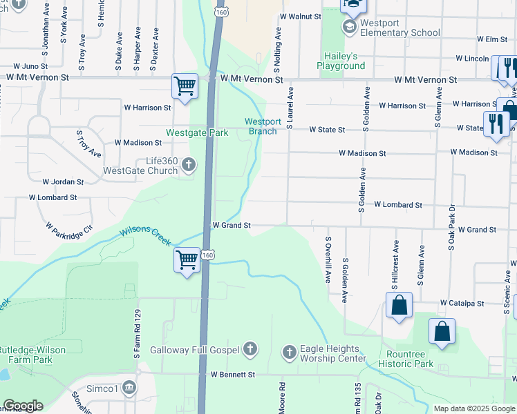 map of restaurants, bars, coffee shops, grocery stores, and more near 3350 West Lombard Street in Springfield