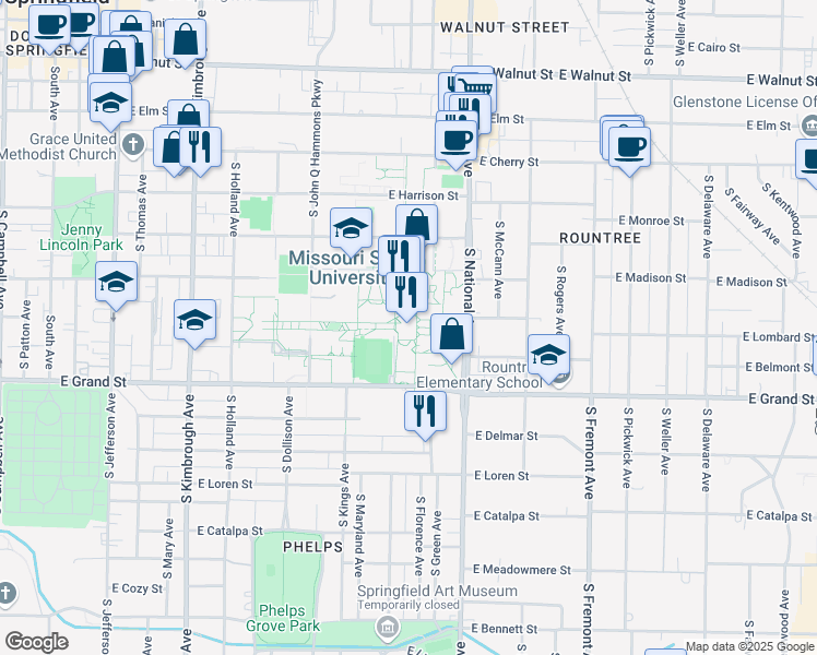 map of restaurants, bars, coffee shops, grocery stores, and more near 901 South National Avenue in Springfield