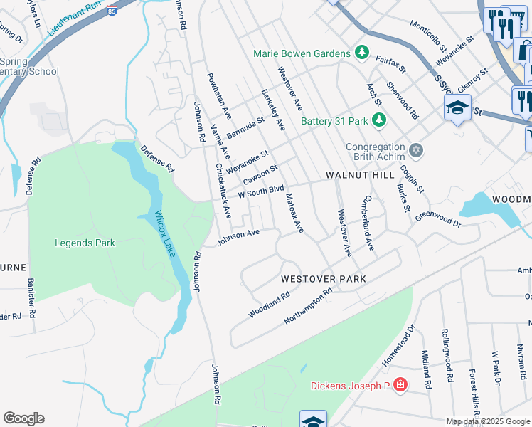map of restaurants, bars, coffee shops, grocery stores, and more near 1917 Powhatan Avenue in Petersburg
