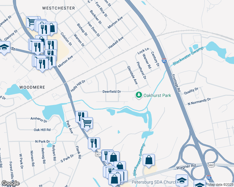 map of restaurants, bars, coffee shops, grocery stores, and more near 334 Deerfield Drive in Petersburg