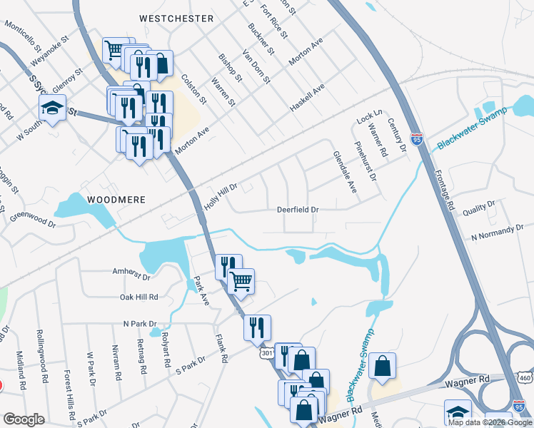 map of restaurants, bars, coffee shops, grocery stores, and more near 140 Deerfield Drive in Petersburg
