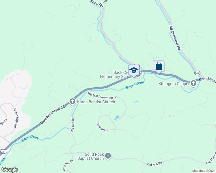 map of restaurants, bars, coffee shops, grocery stores, and more near 7363 Bent Mountain Road in Roanoke