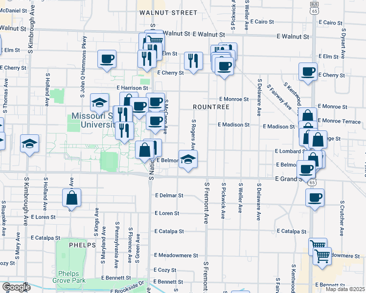 map of restaurants, bars, coffee shops, grocery stores, and more near 848 South Kickapoo Avenue in Springfield