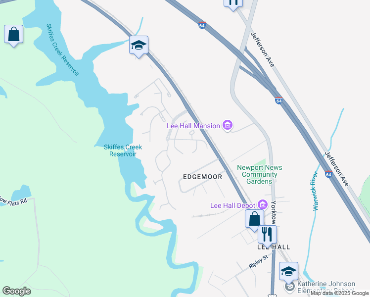 map of restaurants, bars, coffee shops, grocery stores, and more near 110 White Stone Court in Newport News