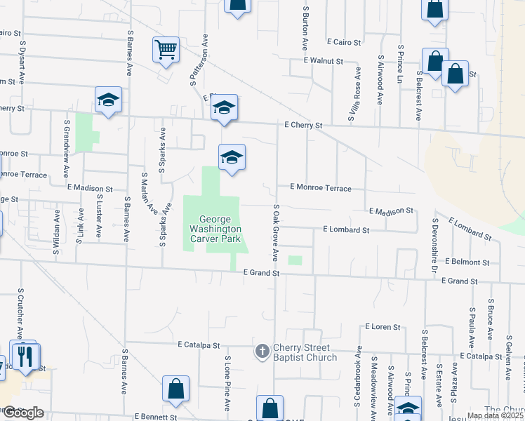 map of restaurants, bars, coffee shops, grocery stores, and more near 2540 East Madison Street in Springfield