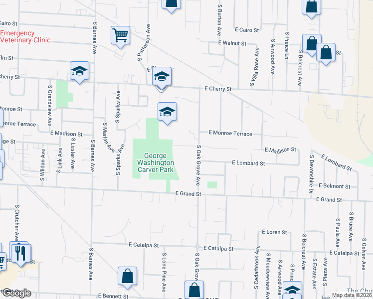 map of restaurants, bars, coffee shops, grocery stores, and more near 2540 East Madison Street in Springfield