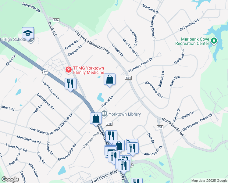 map of restaurants, bars, coffee shops, grocery stores, and more near 305 Harrod Lane in Yorktown