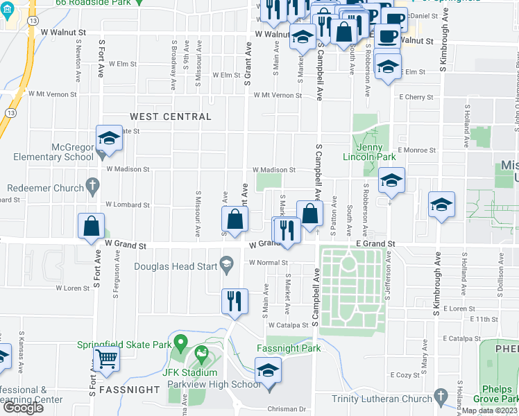 map of restaurants, bars, coffee shops, grocery stores, and more near 619 West Lombard Circle in Springfield