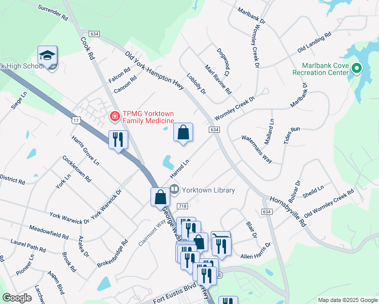 map of restaurants, bars, coffee shops, grocery stores, and more near 305 Harrod Lane in Yorktown