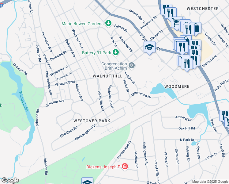 map of restaurants, bars, coffee shops, grocery stores, and more near 711 Brookside Avenue in Petersburg