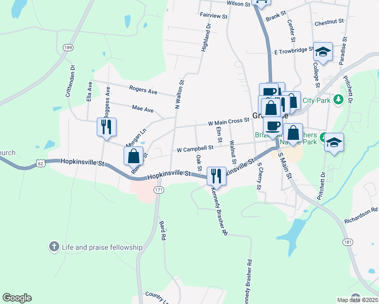 map of restaurants, bars, coffee shops, grocery stores, and more near 506 West Campbell Street in Greenville