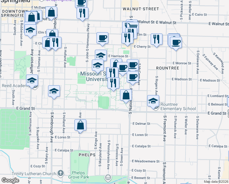 map of restaurants, bars, coffee shops, grocery stores, and more near 930 East Normal Street in Springfield