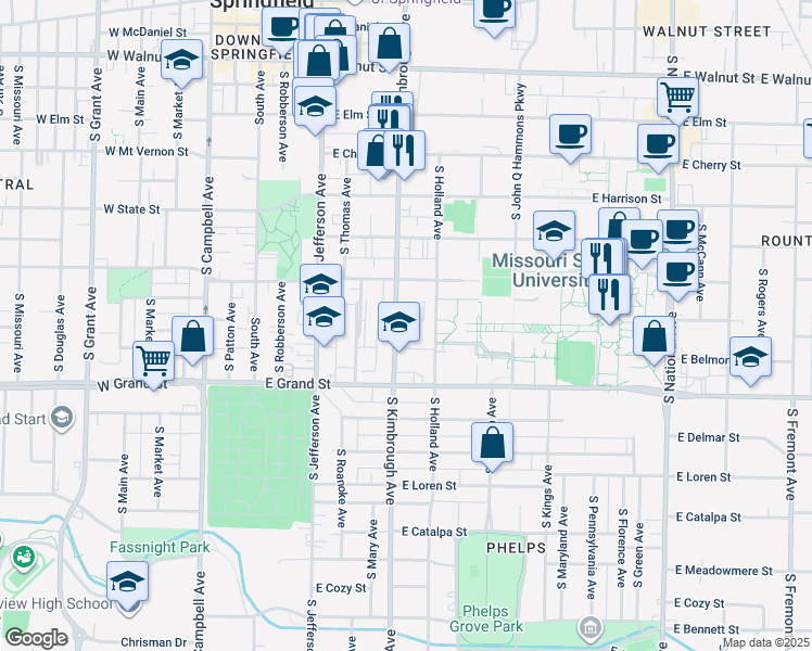 map of restaurants, bars, coffee shops, grocery stores, and more near 904 South Kimbrough Avenue in Springfield