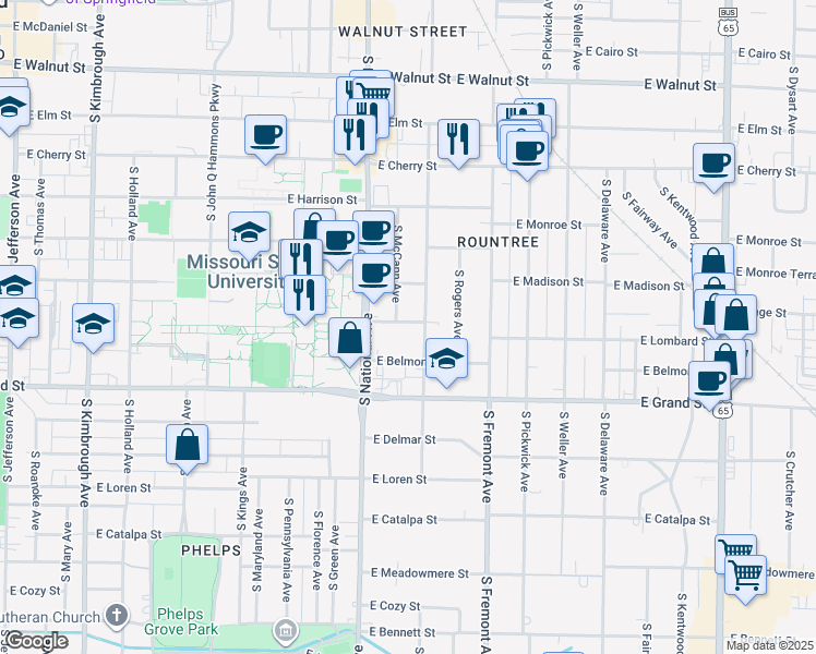 map of restaurants, bars, coffee shops, grocery stores, and more near 1242 East Page Street in Springfield