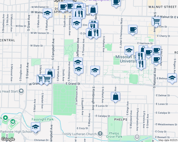 map of restaurants, bars, coffee shops, grocery stores, and more near 856 South Roanoke Avenue in Springfield