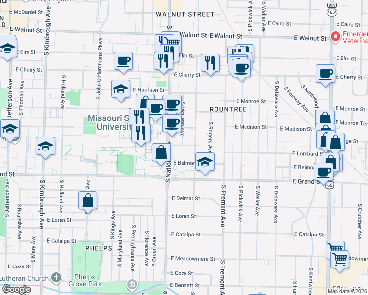 map of restaurants, bars, coffee shops, grocery stores, and more near 1242 East Page Street in Springfield