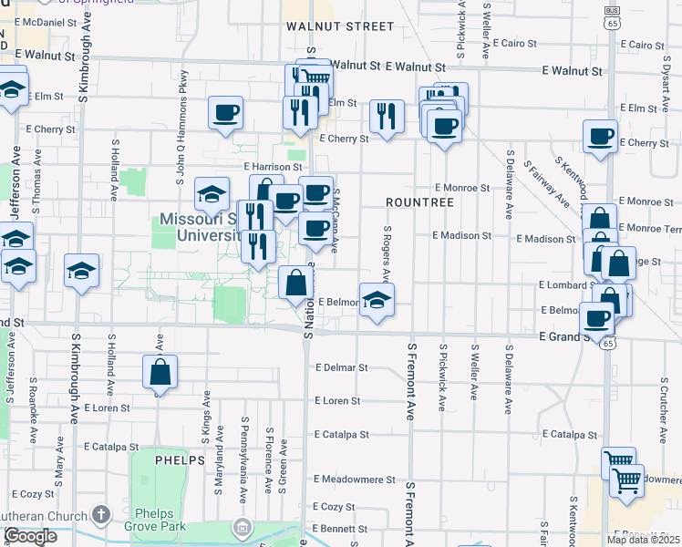 map of restaurants, bars, coffee shops, grocery stores, and more near 1242 East Page Street in Springfield