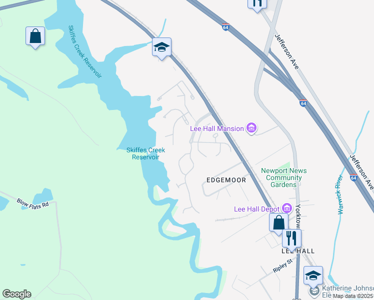 map of restaurants, bars, coffee shops, grocery stores, and more near 153 Creekstone Drive in Newport News