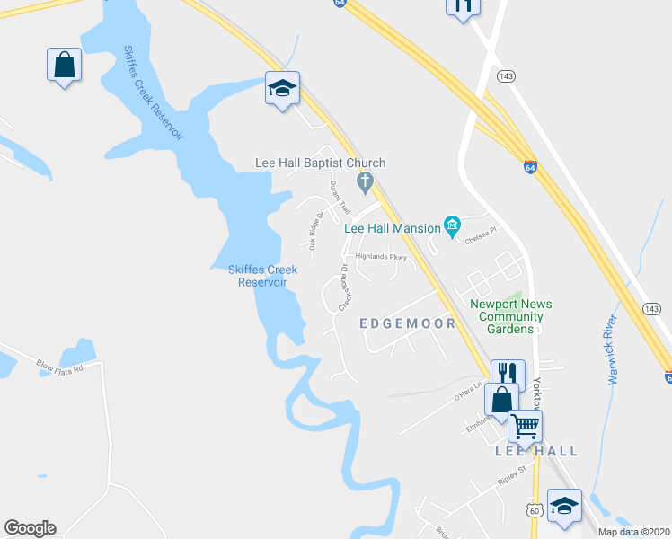 map of restaurants, bars, coffee shops, grocery stores, and more near 153 Creekstone Drive in Newport News