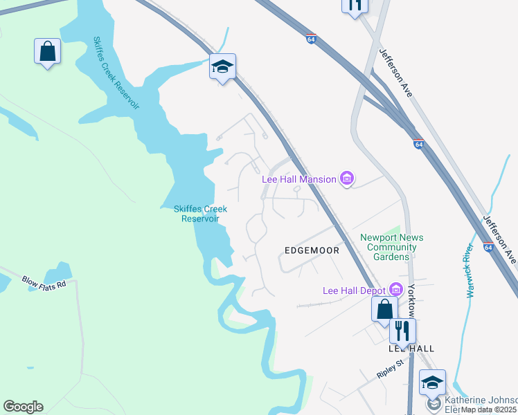 map of restaurants, bars, coffee shops, grocery stores, and more near 155 Creekstone Drive in Newport News