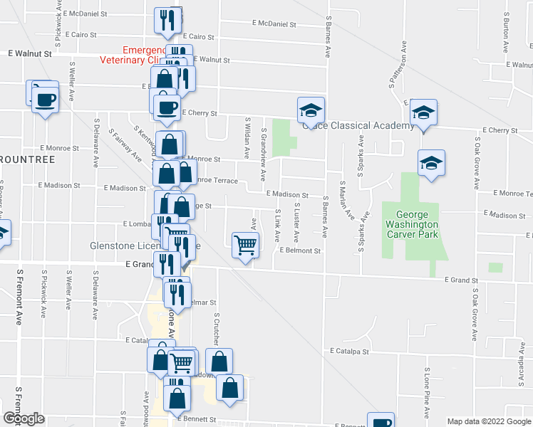 map of restaurants, bars, coffee shops, grocery stores, and more near 2020 East Page Street in Springfield