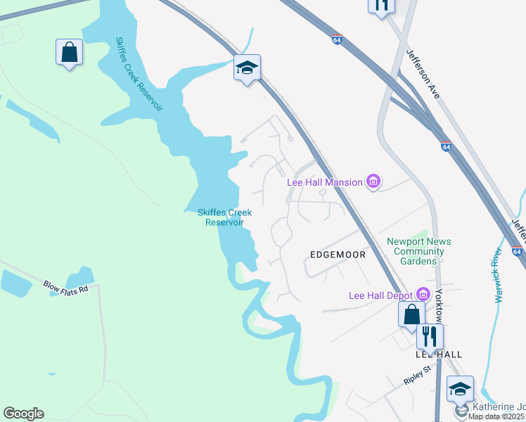 map of restaurants, bars, coffee shops, grocery stores, and more near 325 Oak Ridge Drive in Newport News