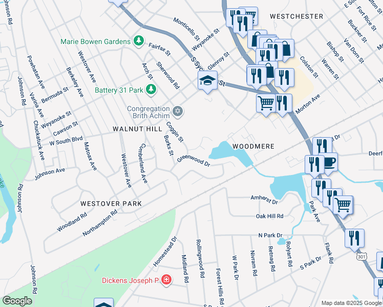map of restaurants, bars, coffee shops, grocery stores, and more near 1987 Coggin Street in Petersburg
