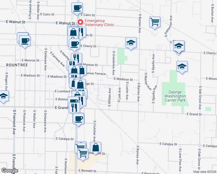map of restaurants, bars, coffee shops, grocery stores, and more near 1920 East Page Street in Springfield