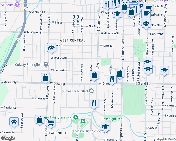 map of restaurants, bars, coffee shops, grocery stores, and more near 900 South Missouri Avenue in Springfield