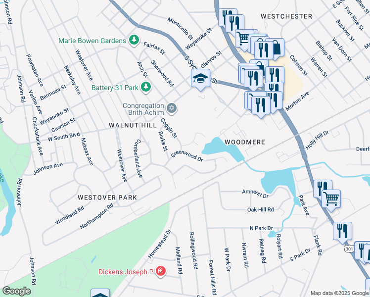map of restaurants, bars, coffee shops, grocery stores, and more near 1987 Coggin Street in Petersburg