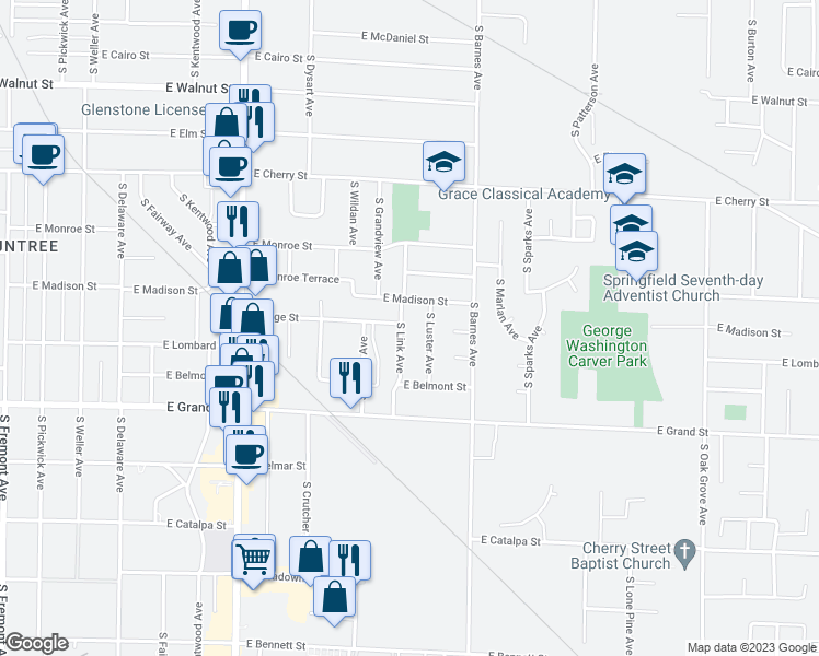 map of restaurants, bars, coffee shops, grocery stores, and more near 826 South Link Avenue in Springfield