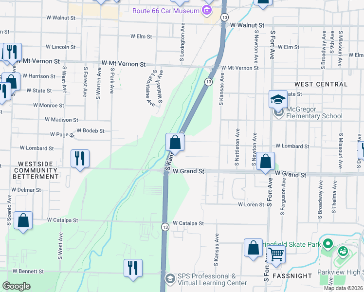 map of restaurants, bars, coffee shops, grocery stores, and more near 1825 Grand Street in Springfield