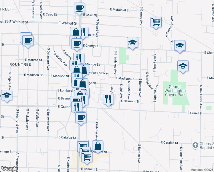 map of restaurants, bars, coffee shops, grocery stores, and more near 1920 East Page Street in Springfield